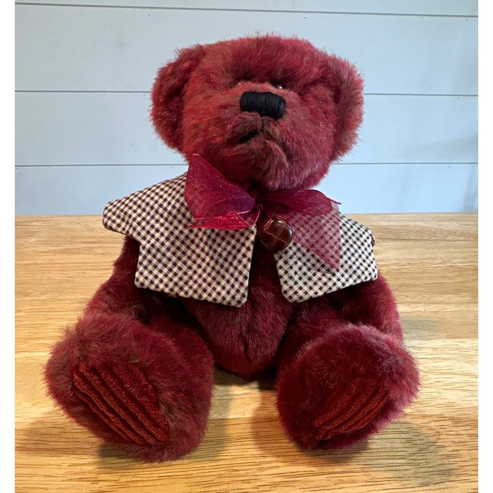 Burgundy 8in Plush Teddy Bear w/ Gingham Cape, Ribbon Bow & Black Eyes, 1pc
